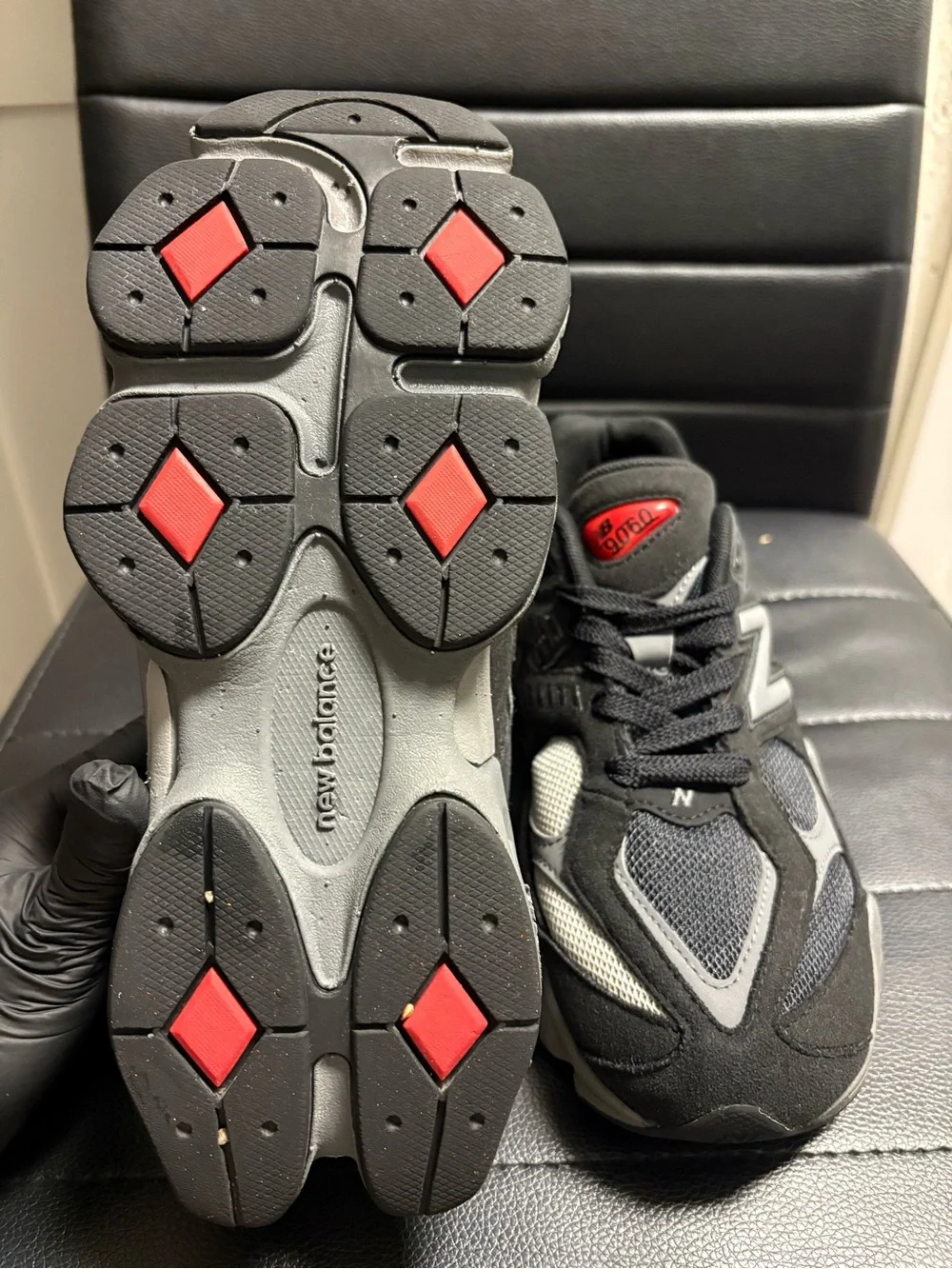 New Balance Kids Black and Gray Athletic Sneakers with Red Logo Accent